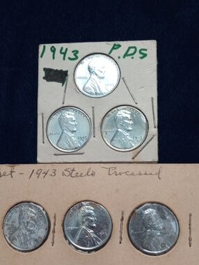 1943 Steel Wheat Pennies -  P. D. S. Lot of 6 Silver Tone Coins